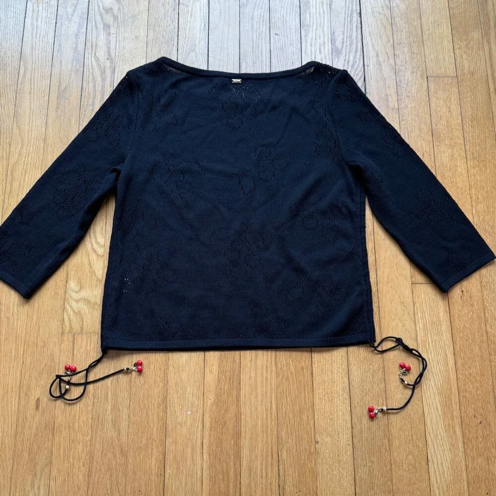 VTG St. John Size S Black Wool Knit 3/4 Sleeve Boat Neck Top w/ Red Beaded Tie